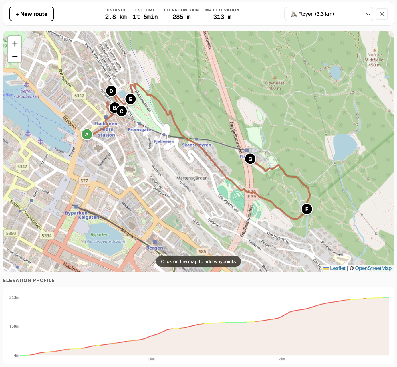 Ruteplanlegger med kart og høydeprofil