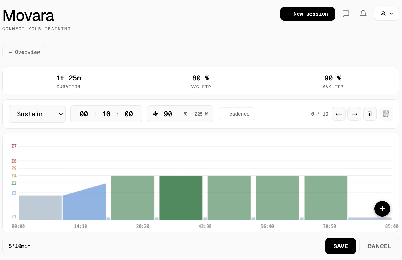 Workout-bygger med intervaller og watt-mål
